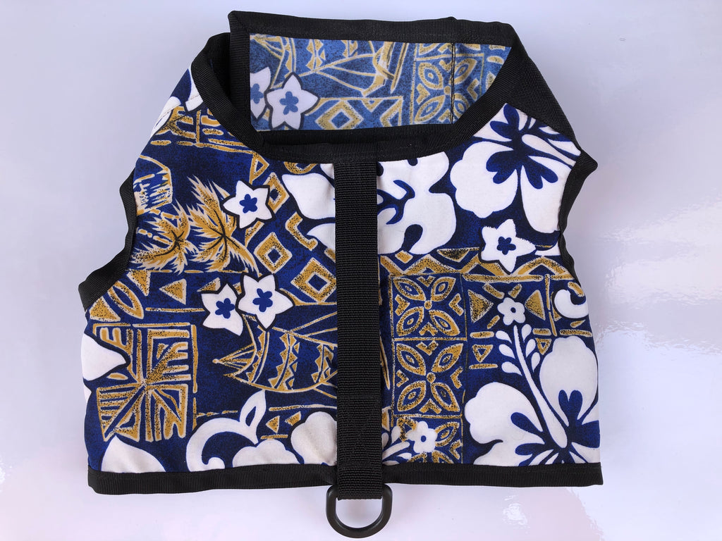 harness - blue and gold hawaiian print
