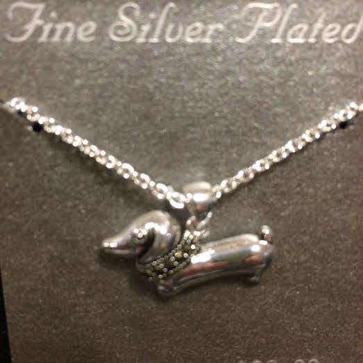 necklace -silver wiener dog - rhinestone collar